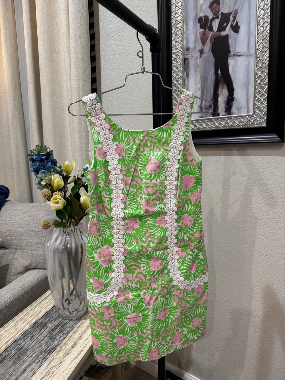 Lilly Pulitzer Pink & Green Floral Shift Dress with White Lace Appliqué